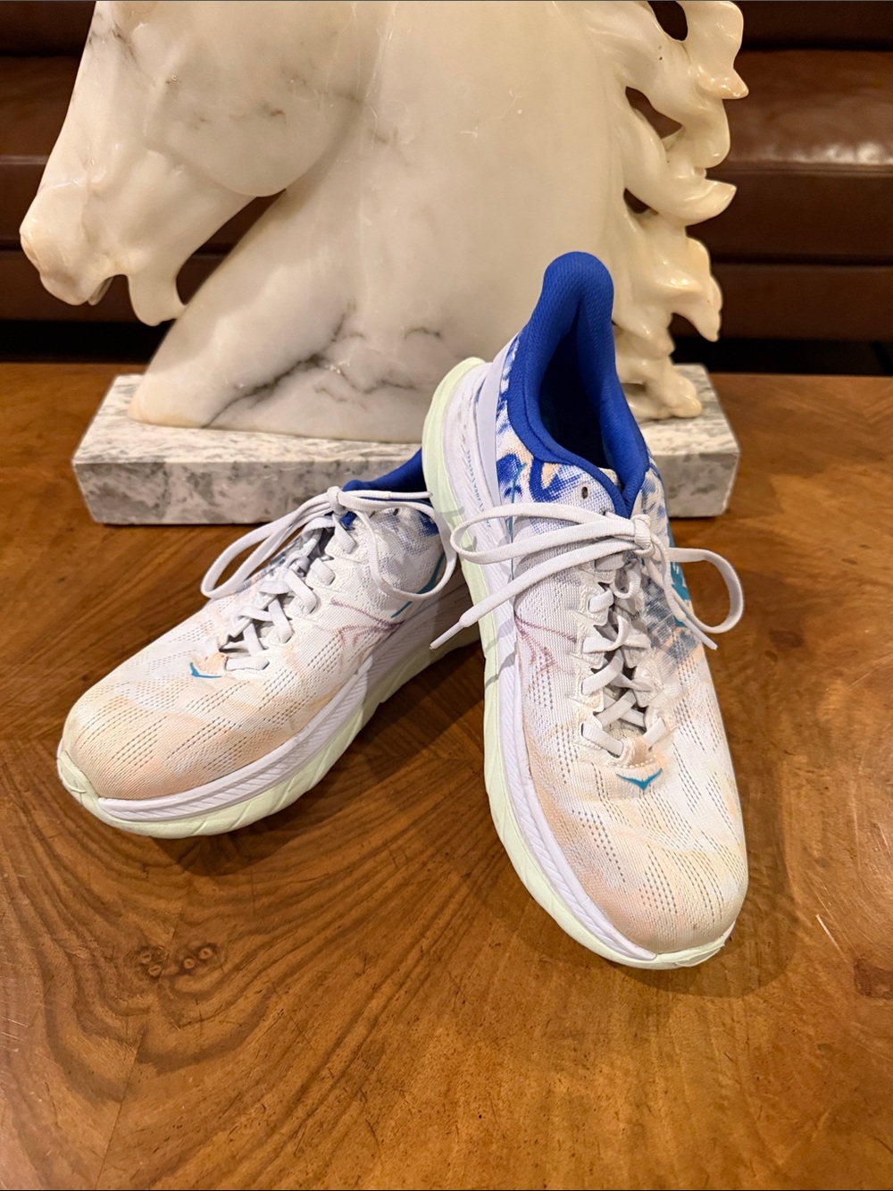 Hoka Women's White Running Shoes with Blue Collar and Teal Accent